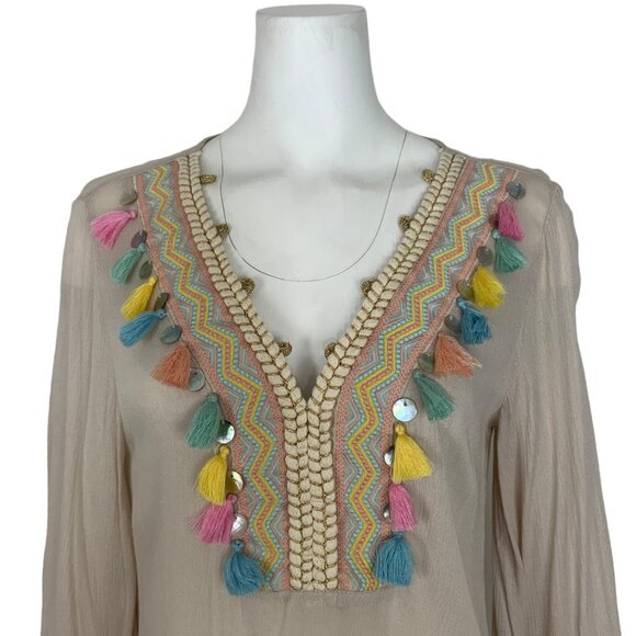 Soft Surroundings Clementine Tunic Top S Natural Embroidered Tassels Coastal - Picture 7 of 12